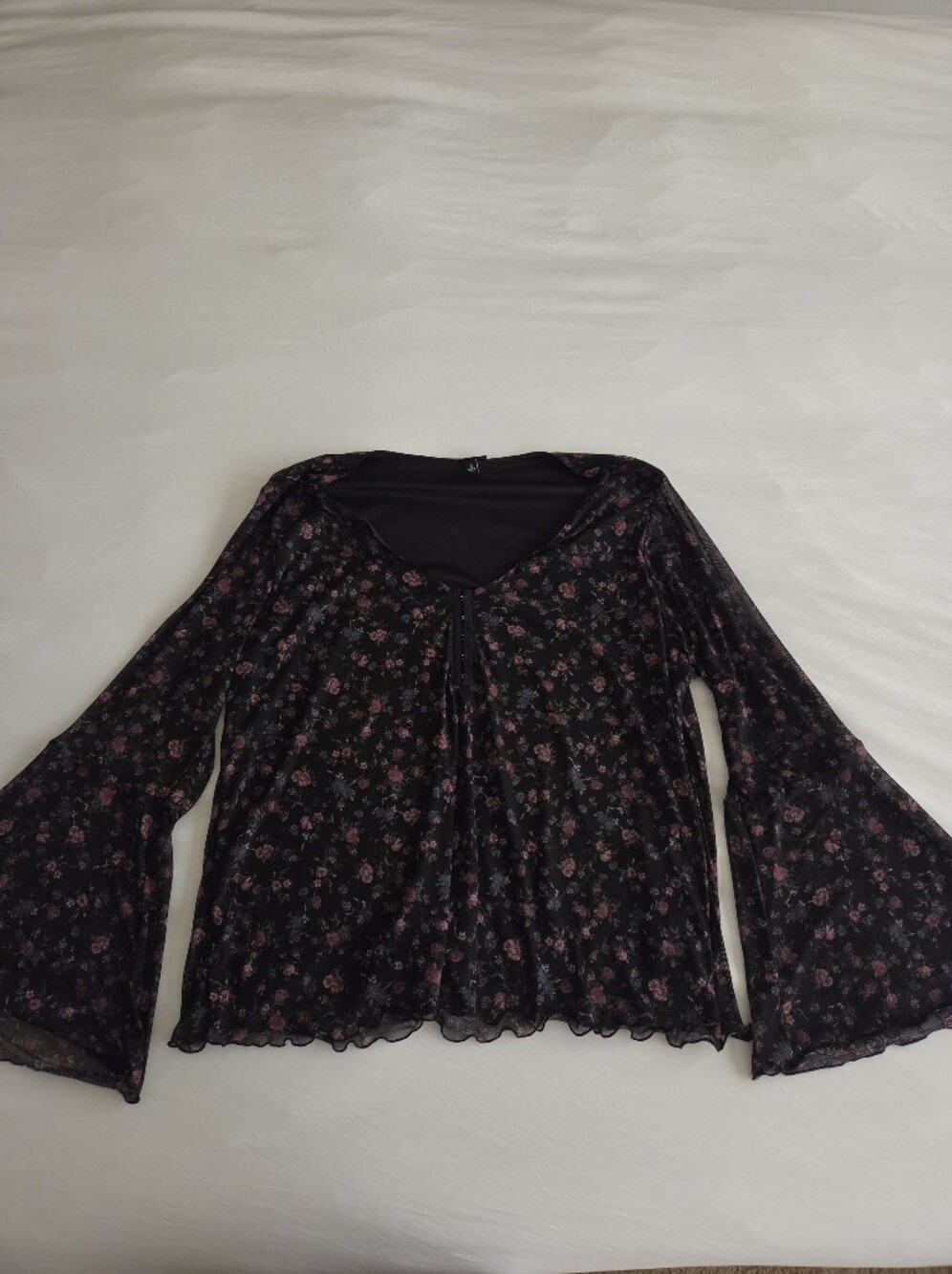 torrid Black Long-Sleeve Floral Hook And Eye Closure Top With Bell Sleeves